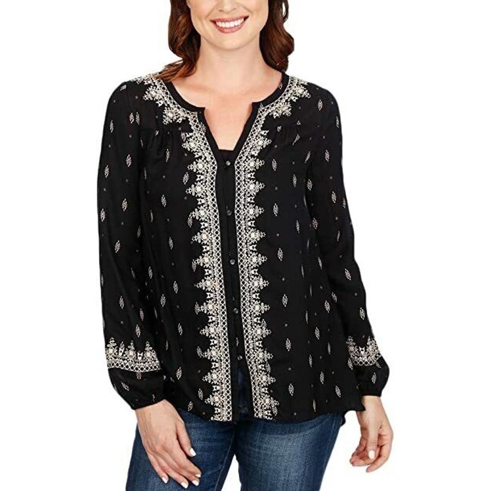 Lucky Brand | Womens Size S Black Long Ditsy Embroidered Top Button Front